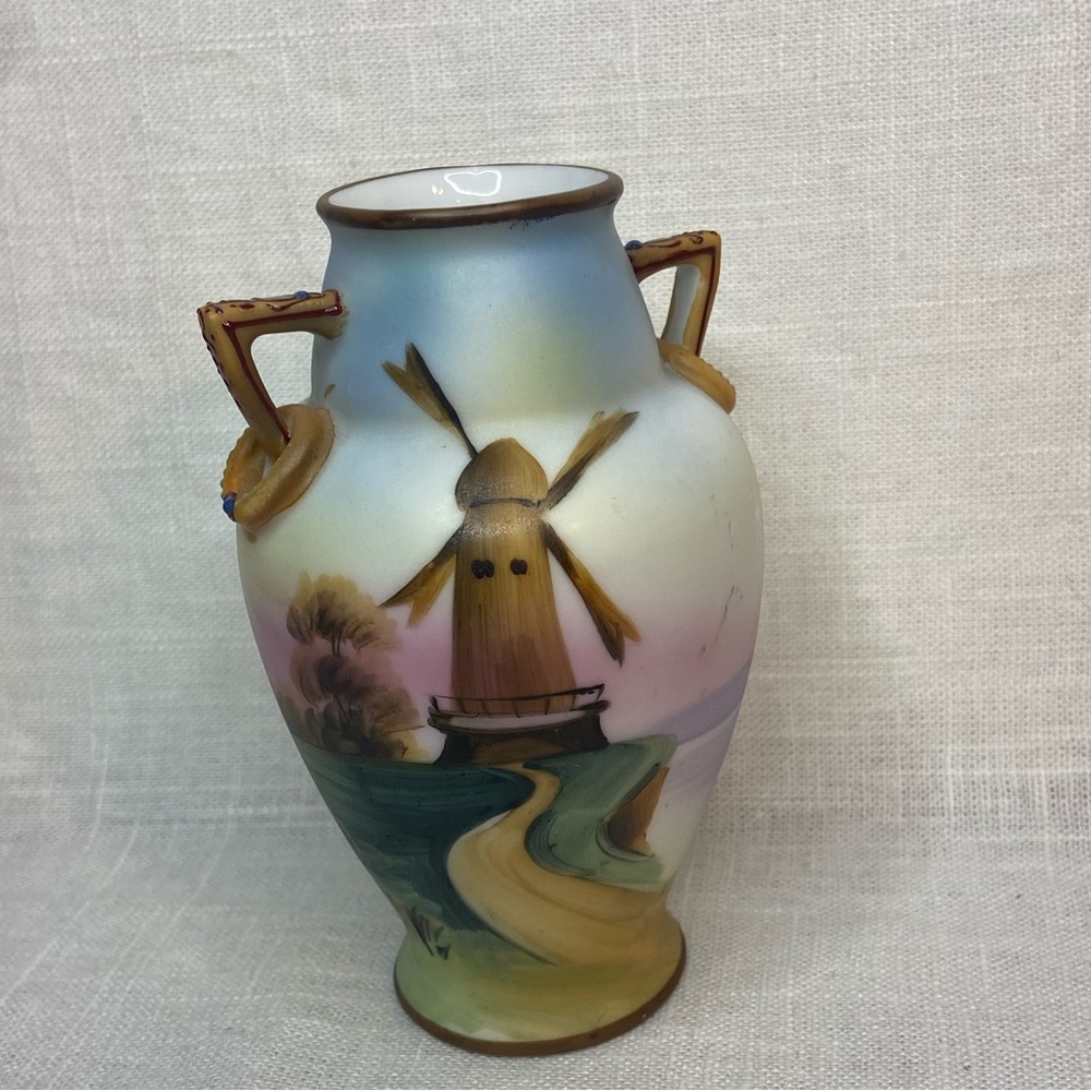 Antique Nippon Vase Windmill Scene Double Handle Hand Painted Morimura 4”